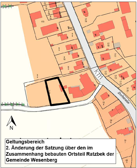 Geltungsbereich 2. &Auml;nderung im Zusammenhang bebauten Ortsteil Ratzbek der Gemeinde Wesenberg f&uuml;r das Gebiet Dorfstra&szlig;eHei&szlig;weg